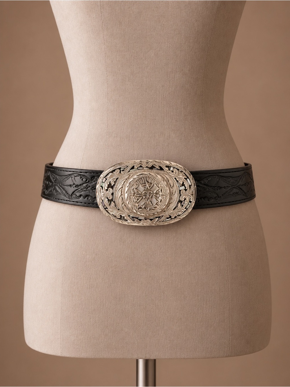 Vintage Mexican 925 Sterling Silver Abalone Buckle Tooled Leather Belt